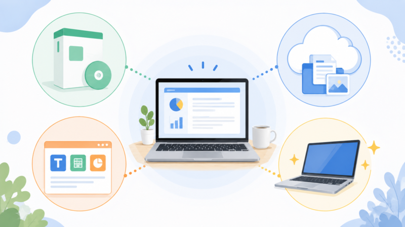 Officeソフトとクラウドサービスを利用するノートパソコンのイメージ