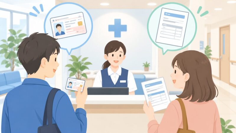 病院受付に向かう人物を中央に置き、片側にマイナンバーカード、もう片側に資格確認書をイメージした書類を配置する