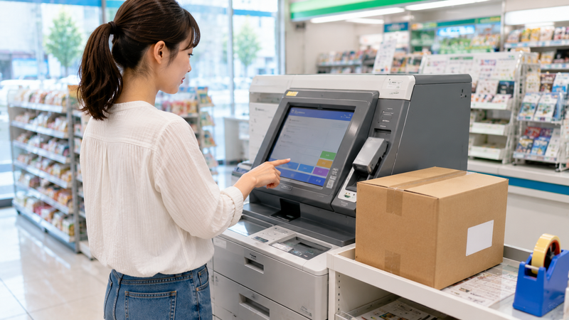 日本のコンビニ店内をイメージし、マルチコピー機で荷物発送の操作をしている人物。