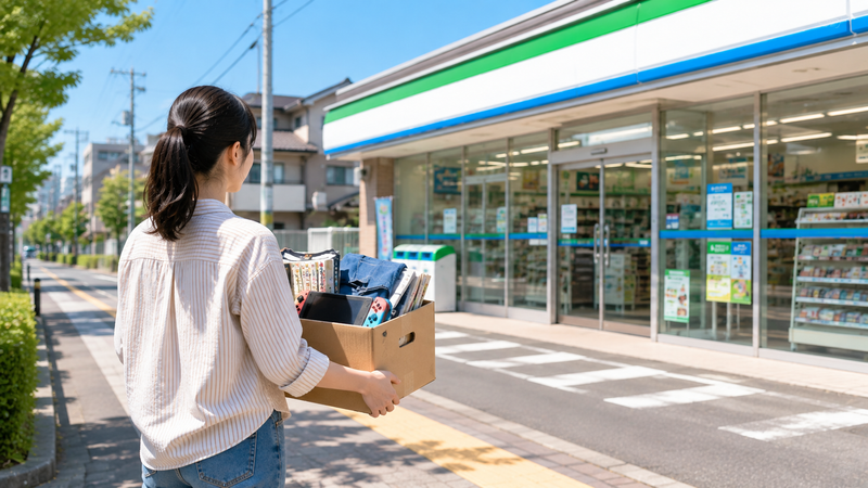 ファミリーマートをイメージしたコンビニへ、段ボール箱を持った人物が向かっている場面。
