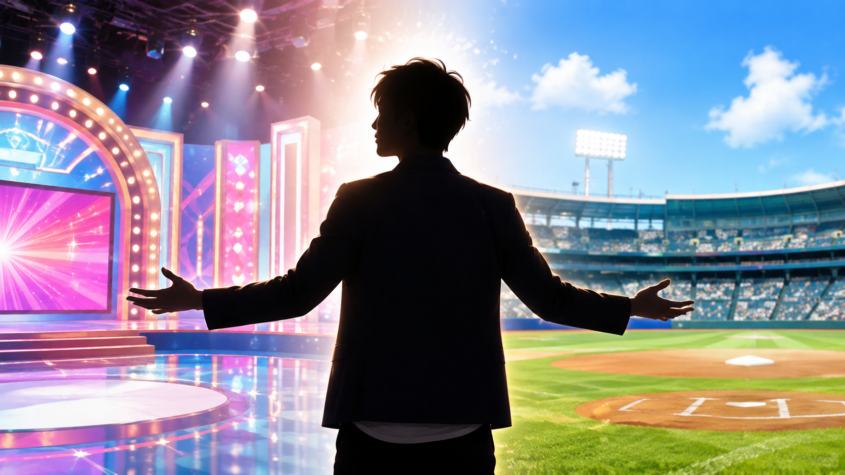 テレビスタジオの舞台と野球場を左右に組み合わせ、中央に若手男性芸人をイメージしたシルエットを配置。