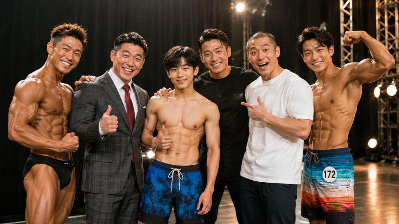 ボディビルやフィジーク大会に挑戦する著名人をイメージした集合写真