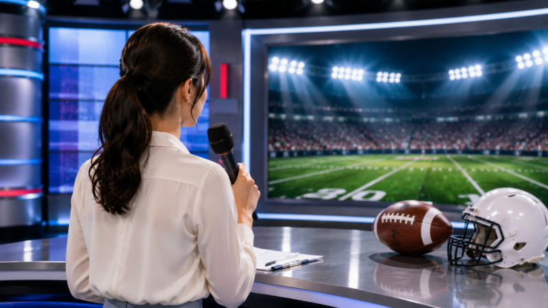 テレビスタジオ、アメリカンフットボール、マイクを組み合わせたイメージ。