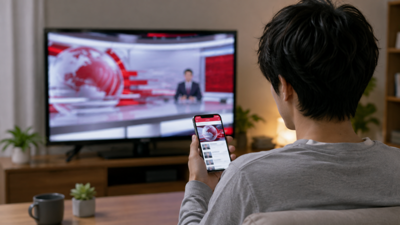 テレビやスマートフォンに「ニュース速報」が表示されているイメージ。芸能ニュースを確認する日本人読者を後ろ姿で描く。