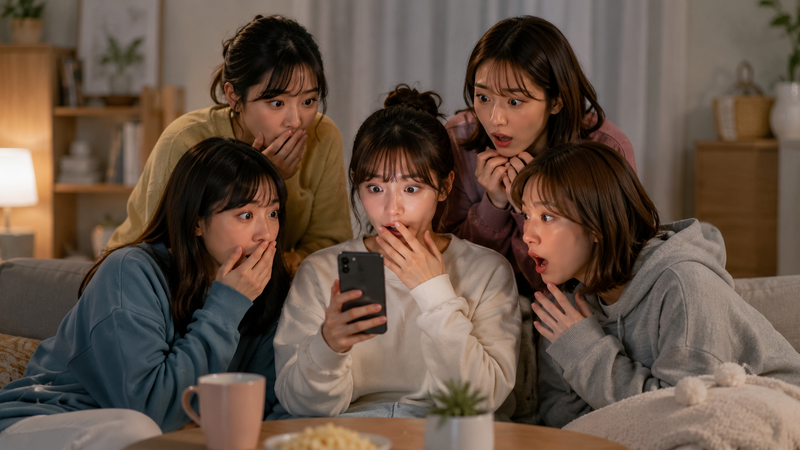 スマートフォンで芸能ニュースを見ながら驚く複数のファン