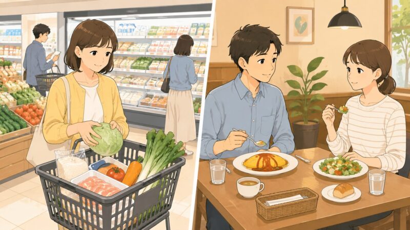左側に日本のスーパーマーケットで買い物かごに野菜や米、魚を入れる人、右側に飲食店で食事をする人を対比した構図