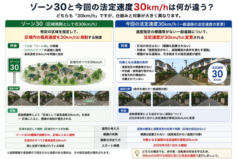 ゾーン30と2026年9月1日からの法定速度30km/hの違い