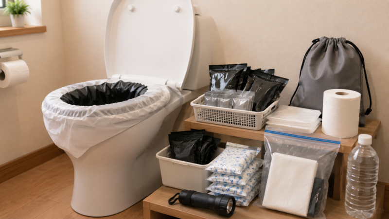 断水時に備えた携帯トイレと防災用品のイメージ