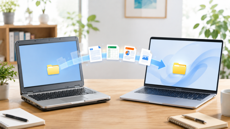 左に少し古いノートPC、右に新しいノートPCを配置し、文書ファイルが移動しているイメージ。