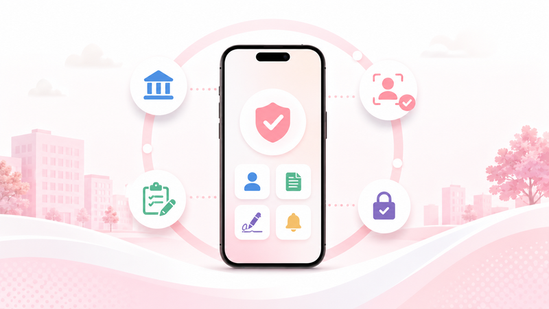 スマートフォンを中央に配置し、行政手続きや本人確認が1台のスマートフォンにまとまったことが伝わるイメージ。
