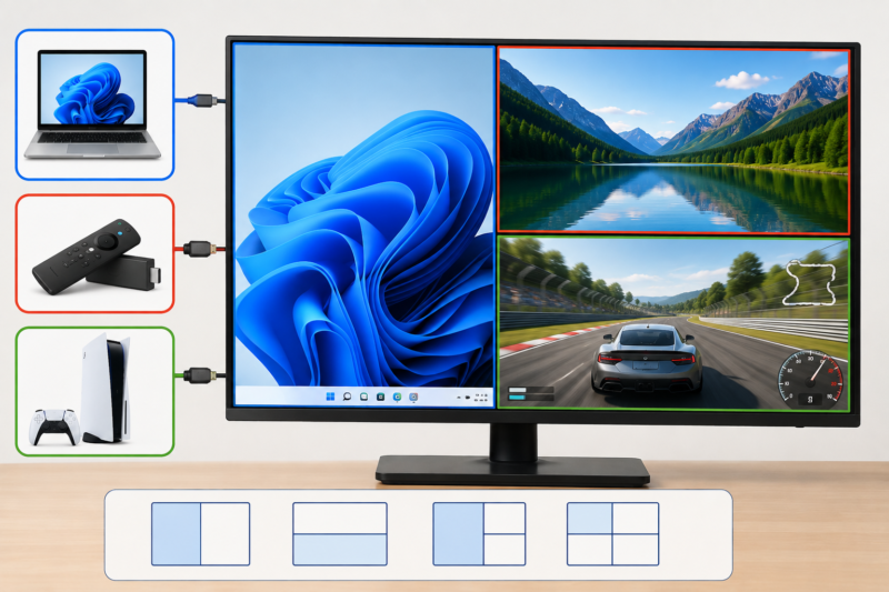 PBP対応モニターでPC・動画・ゲームを3画面同時表示するイメージ