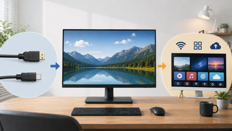 左側に「ネット機能のないシンプルなモニター」を連想するHDMI・USB-Cケーブル、右側にWi-Fi・アプリ・クラウドを連想するスマートモニター