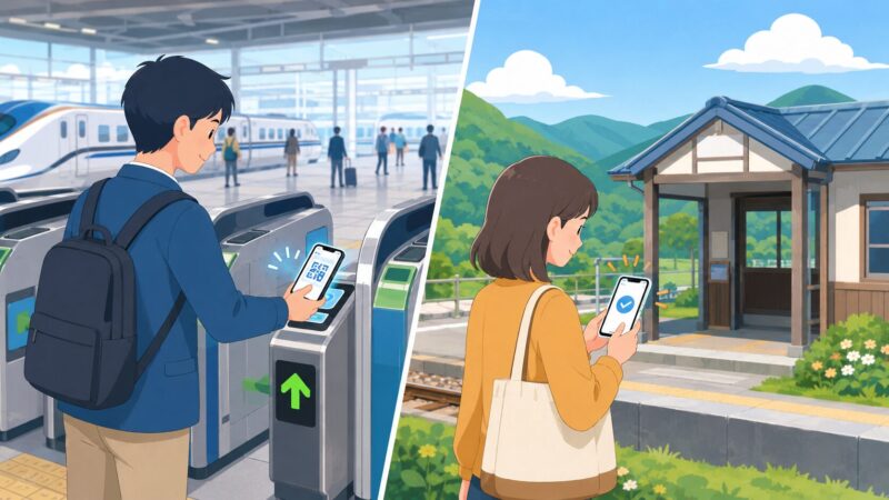 QRコード対応改札機でスマートフォンをかざす利用者と、無人駅でセルフチェックインを行う利用者の比較イラスト
