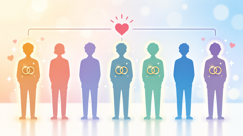 7人中4人が既婚者であることを示す人物シルエットのイメージイラスト