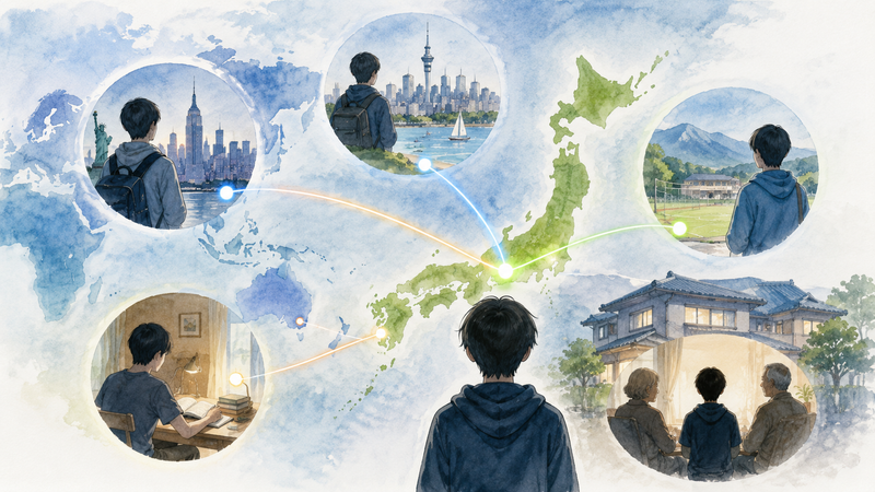 日本地図と海外をイメージした背景に、4人兄弟がそれぞれ別の場所で生活していることを象徴的に表現。