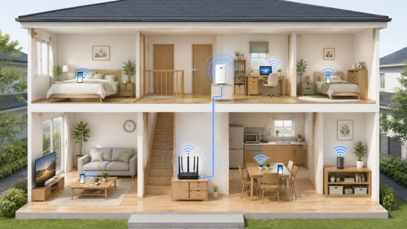2階建て住宅を複数のWi-Fi拠点でカバーするメッシュWi-Fiのイメージ