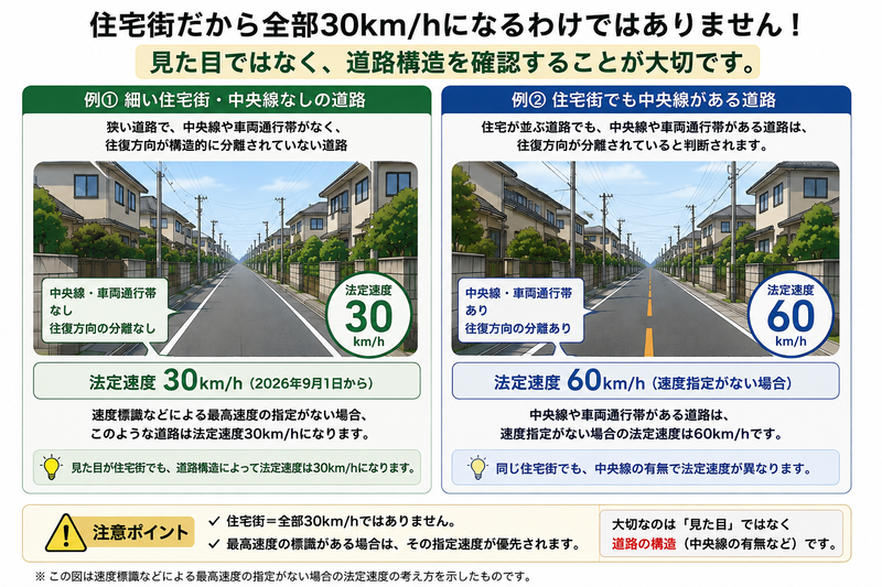 住宅街で法定速度30km/hと60km/hになる道路の違い