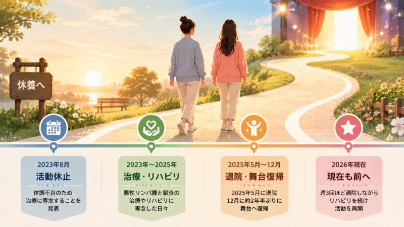 2023年の休養から2026年現在までの復帰経緯を表したイメージイラスト