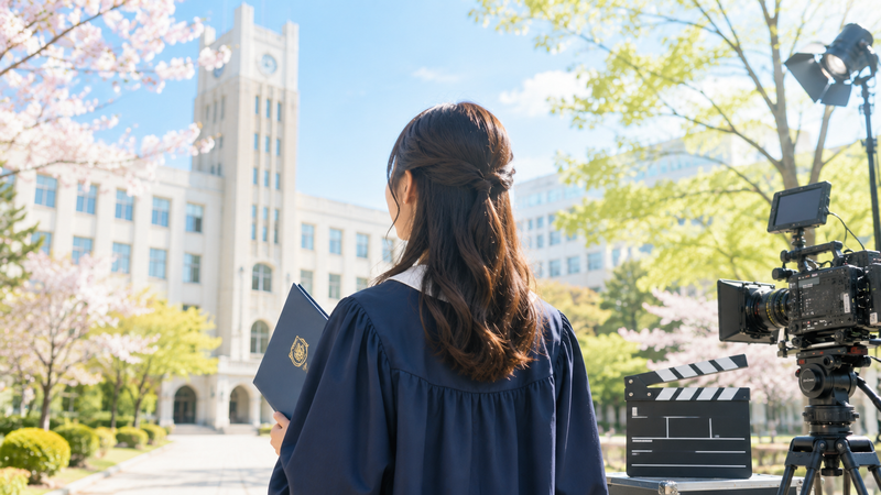 春の日本の大学キャンパスを背景に、卒業証書を持った若い女性の後ろ姿と、映画撮影のカチンコ・カメラを配置。