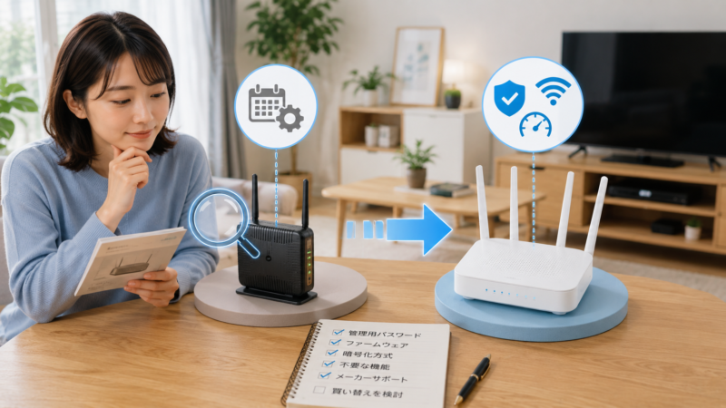 古いルーターを確認し、新しいルーターへの買い替えを検討している家庭のイメージ。