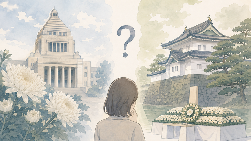 政治と皇室をめぐる問題に疑問を感じている人物のイラスト