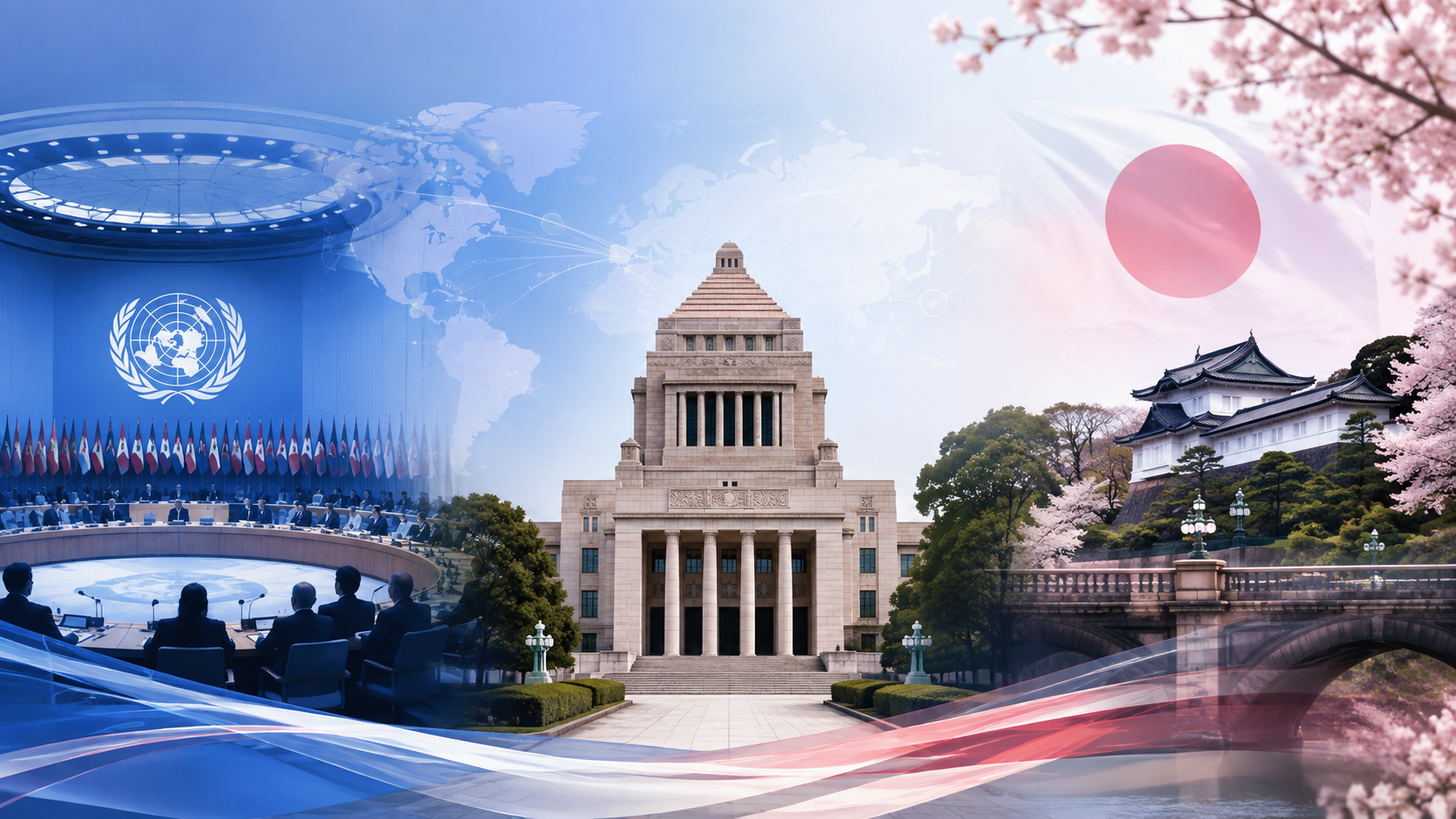 国連をイメージする会議場と、日本の国会議事堂・皇居周辺を組み合わせた解説イラスト