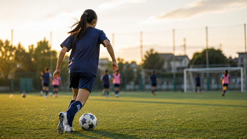 日本のサッカー場で練習する10代後半の女子サッカー選手を後方から描く。
