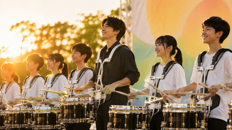複数の若者がスネアドラムを持って一列に並び、息を合わせて演奏しているイメージ。