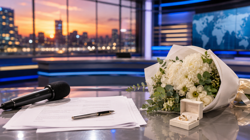 テレビ局をイメージした建物と、結婚を連想させる花束や指輪。