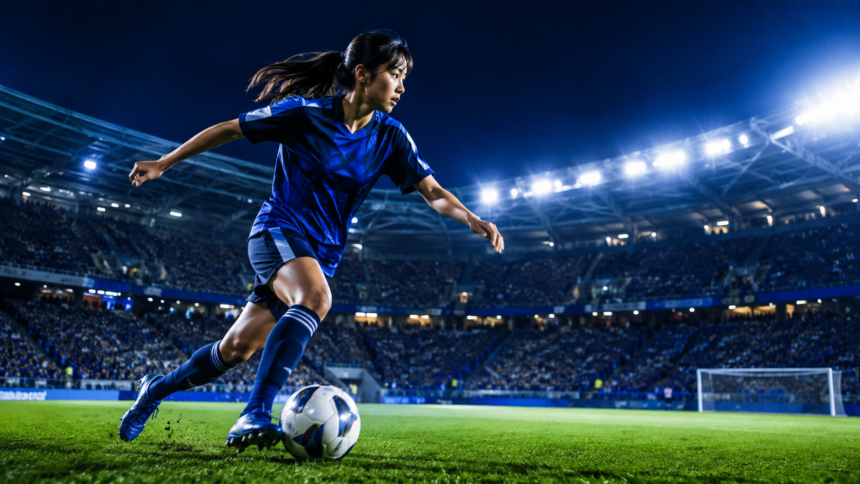 夜のスタジアムで左足を使ってドリブルする若い日本人女子サッカー選手。