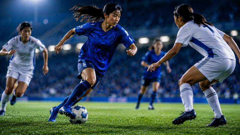 左足でドリブルしながら相手選手をかわす若い女子サッカー選手。