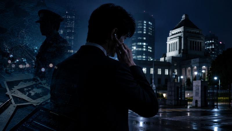 夜の日本の官庁街を背景に、スーツ姿の男性がイヤホンで情報を受け取っているイメージ。