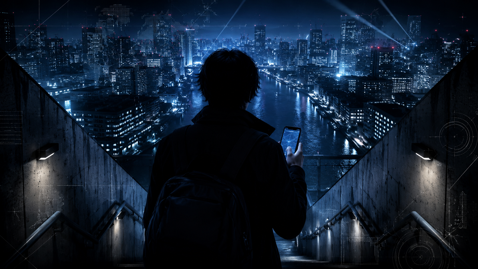 東京の都市風景を背景に、スマートフォンを持って秘密のミッションへ向かう人物の後ろ姿を描く。