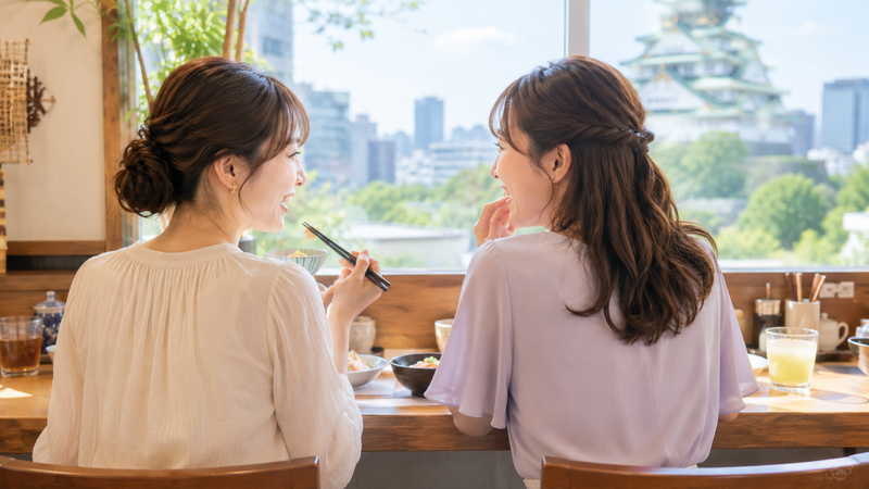 大阪または京都を思わせる飲食店で、20代女性2人が並んで食事を楽しんでいる後ろ姿