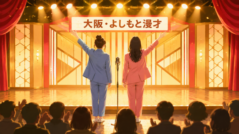 大阪の漫才劇場をイメージした女性漫才コンビの舞台復帰イラスト