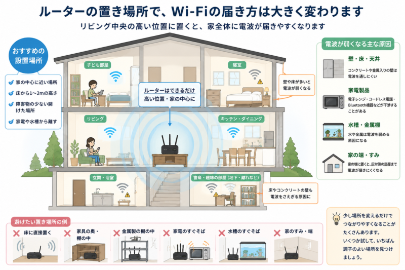 Wi-Fiルーターの置き場所と家の中での電波の届き方を示したイラスト