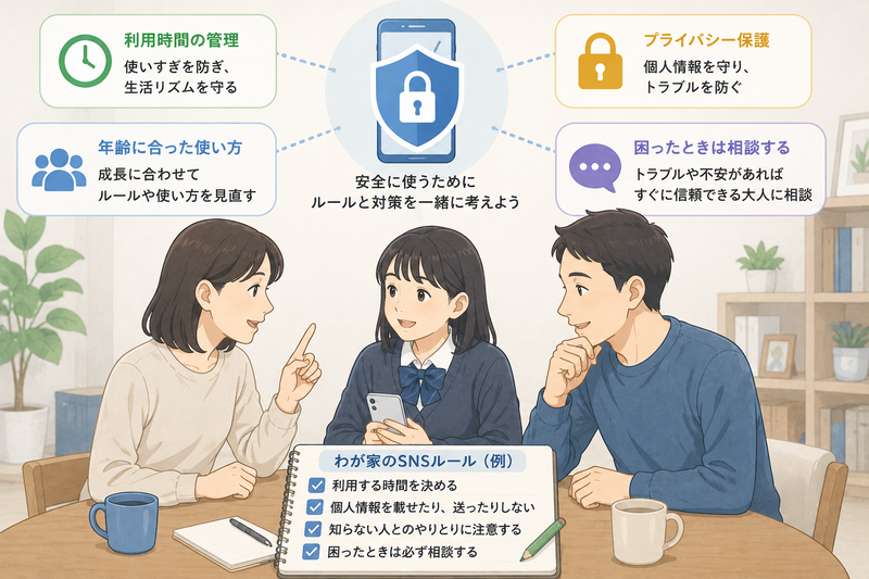家族で子どものSNS利用ルールや安全対策について話し合っているイラスト
