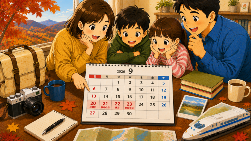 2026年9月のシルバーウィークに家族で旅行計画を立てるイラスト