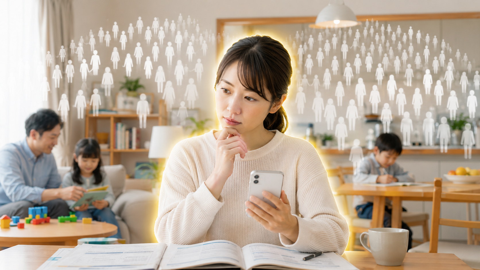 不安を煽る暗い雰囲気ではなく、「これは何だろう？」と考えている自然な表情。日本の生活感が伝わる明るい色調。