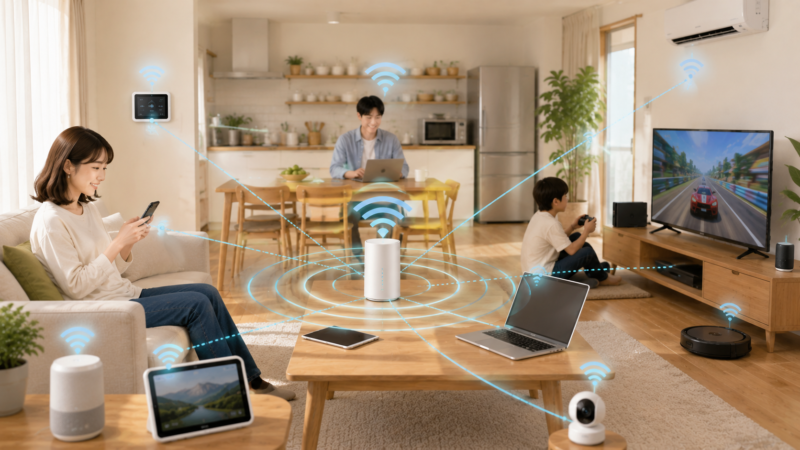 スマートフォンやパソコン、テレビ、ゲーム機、家電など多くの機器がWi-Fiにつながる家庭のネットワーク環境のイメージ