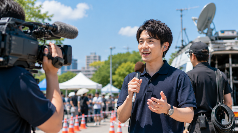 夏の屋外中継現場でスタッフと男性リポーターが中継している様子。
