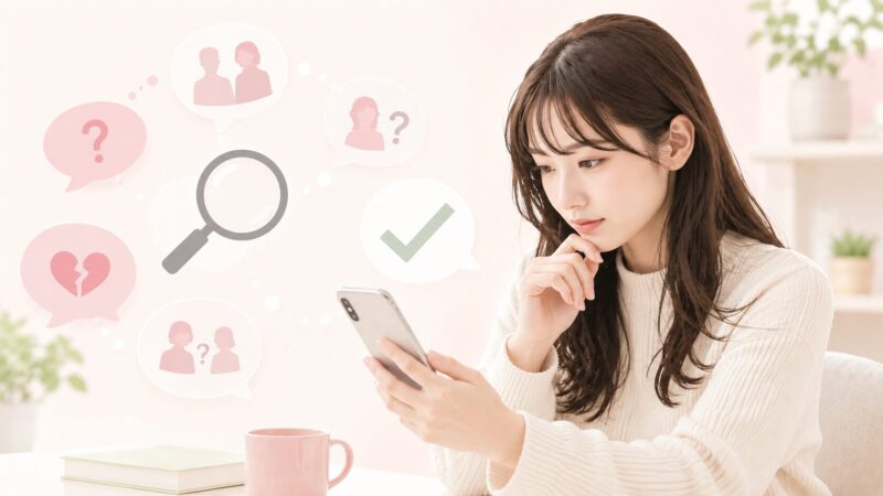 SNSの吹き出しや虫眼鏡を見ながら情報を確認する人物。噂を表す複数の吹き出しと、事実確認を表すチェックマーク