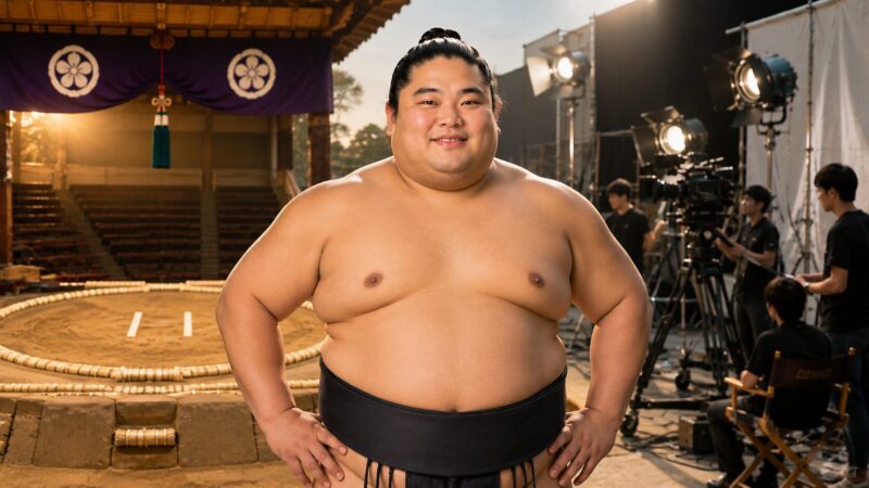 元力士から俳優へ転身する人物をイメージした撮影現場のイラスト