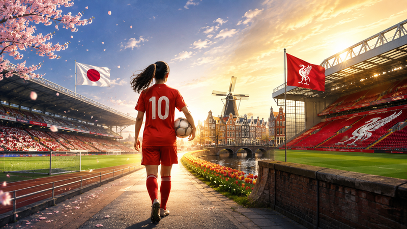 日本からヨーロッパへ挑戦する女子サッカー選手をイメージ。