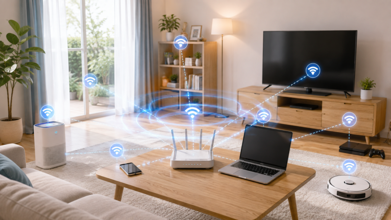 リビングで、中央のWi-Fiルーターからスマートフォン、ノートパソコン、テレビ、ゲーム機、スマート家電へ無線通信が広がっているイメージ。