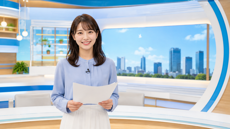 朝の情報番組をイメージした明るいテレビスタジオで、原稿を手に立つ20代前半の女性アナウンサー。