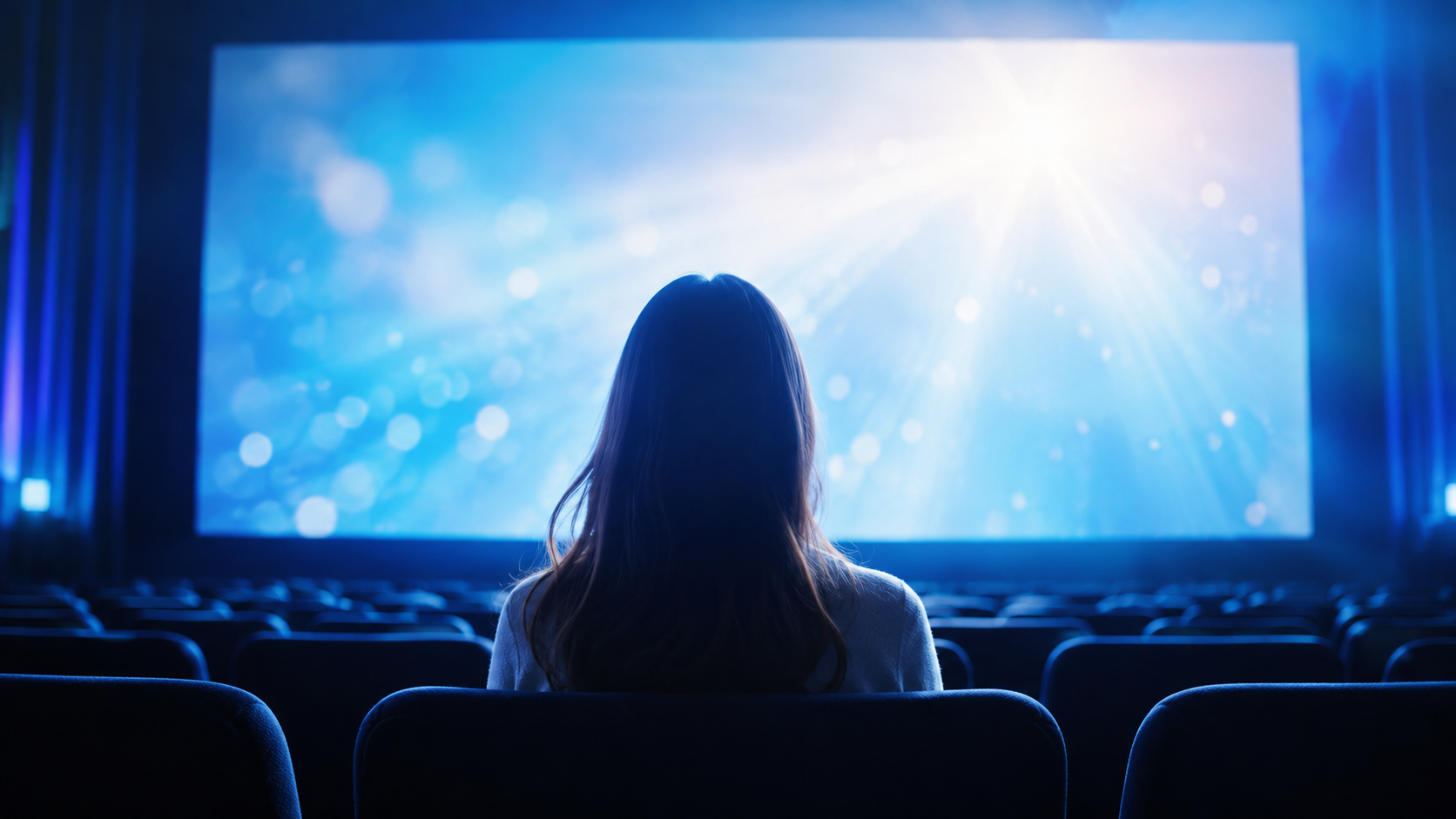 映画館の暗い客席から明るいスクリーンを見つめる、若い女性の後ろ姿。
