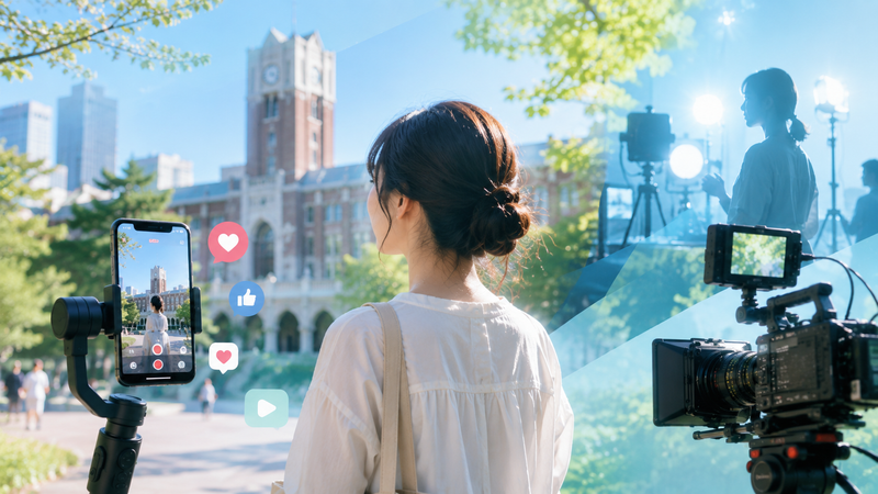 スマートフォンの動画撮影画面、映画撮影用カメラ、大学をイメージするキャンパスの建物を組み合わせる。