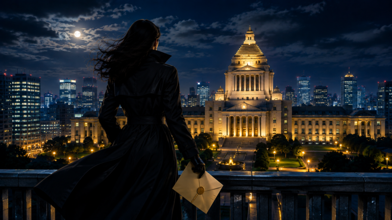 夜の国会議事堂を連想させる架空の政治施設を背景に、黒いコート姿の女性怪盗のシルエット。