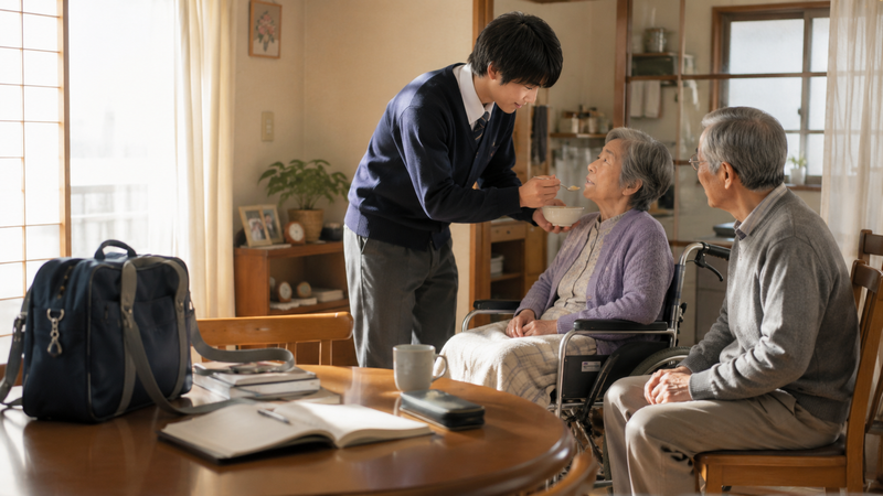 日本の住宅で、高校生年代の男性が高齢者の生活を支えている様子。